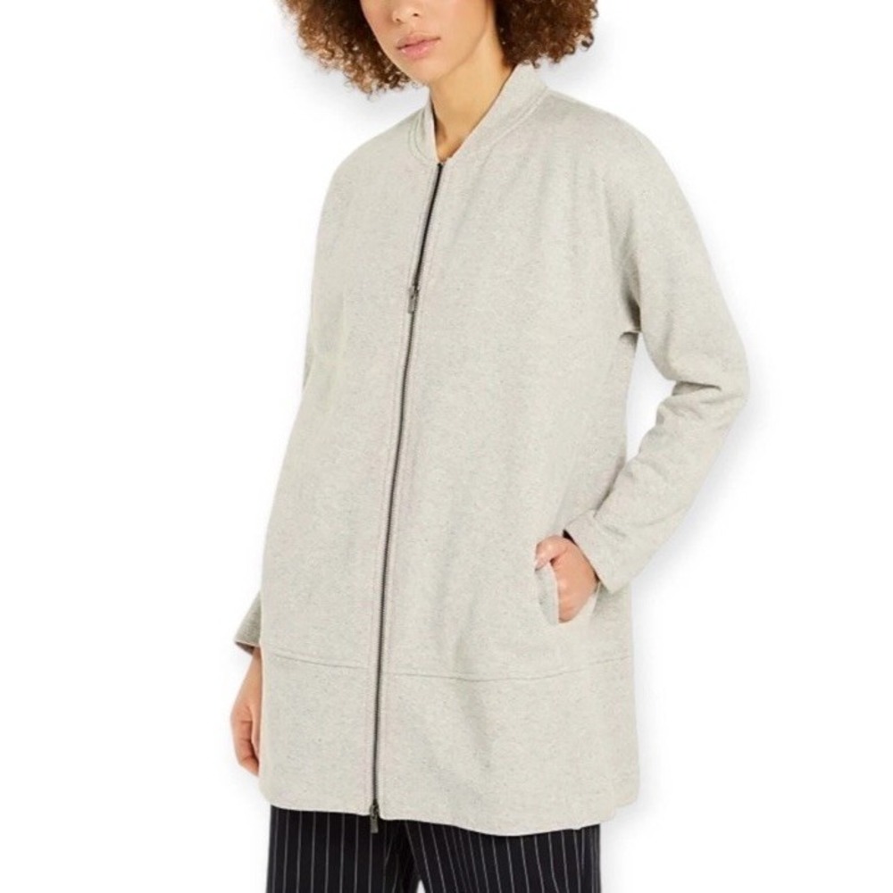 Eileen Fisher Brushed Back Cotton Terry Two-Way‎ Zip-Front Flight Jacket M Gray